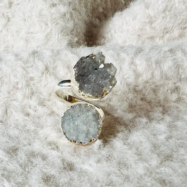 Inel reglabil agat druzy Circles placat cu argint din Brazilia model 2