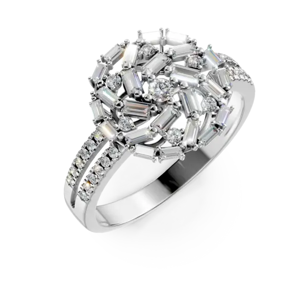Inel rotund din aur alb cu diamante baguette si rotunde de 0.8ct