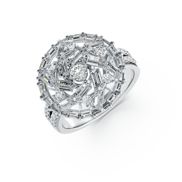 Inel rotund din aur alb cu diamante baguette si rotunde de 1.09ct