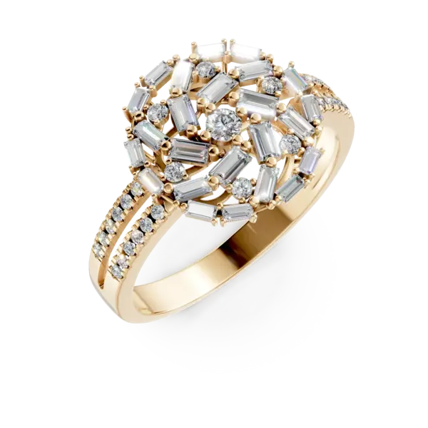 Inel rotund din aur galben cu diamante baguette si rotunde de 0.8ct