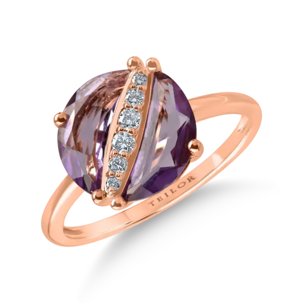 Inel rotund din aur roz cu ametiste de 1.4ct si diamante de 0.08ct