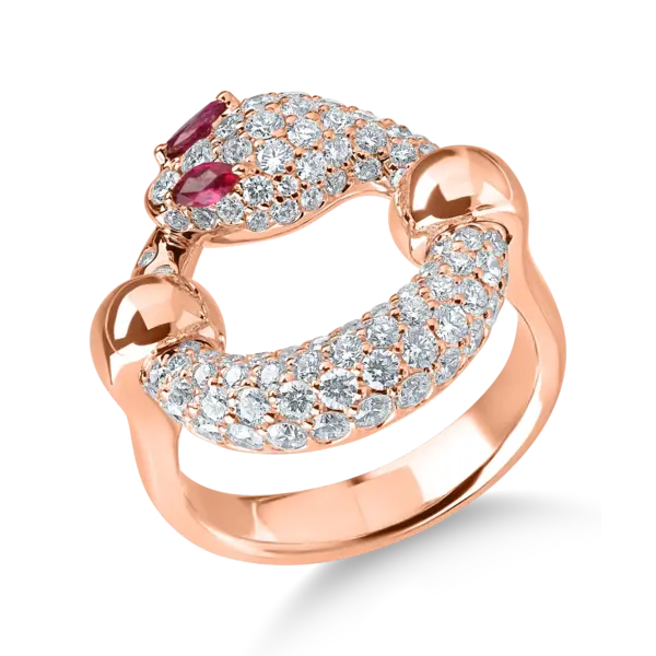 Inel sarpe din aur roz cu rubine marquise de 0.1ct si diamante de 1.3ct