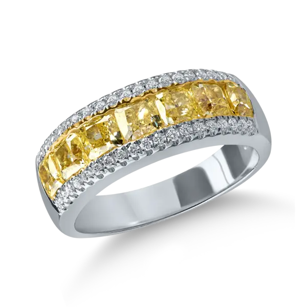 Inel semi eternity din aur alb galben cu diamante galbene cushion de 2ct si diamante de 0.2ct