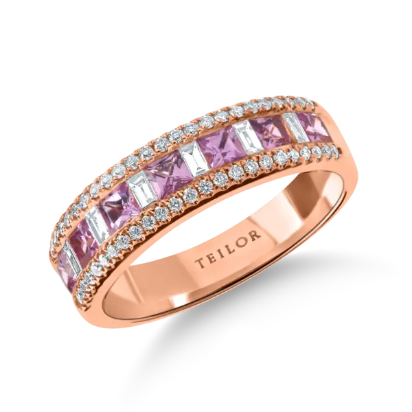 Inel semi-eternity din aur roz cu safire roz si diamante de 0.9ct