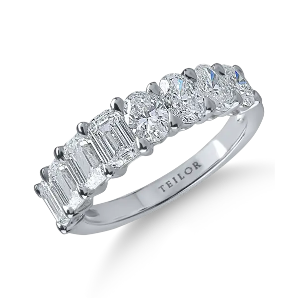 Inel semieternity din aur alb cu diamante emerald si ovale de 2.2ct