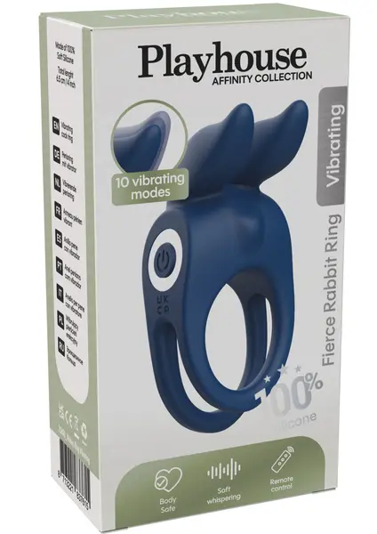 Inel vibrator pentru penis Playhouse Affinity - Fierce Rabbit, 100% silicon, 10 moduri de vibrare, cu telecomanda, albastru