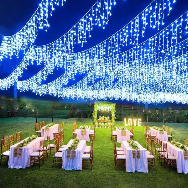 Instalatie franjuri, 300 LED, 12 metri, 8 jocuri de lumini, Albastru