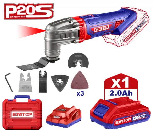Instrument multifunctional cu 1 acumulator 2.0AH, 6 viteze, 8 accesorii, cutie transport - ELMF20221, EMTOP