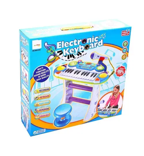 Instrument muzical - Pianina electronica cu scaun si microfon - Malplay, albastru - As