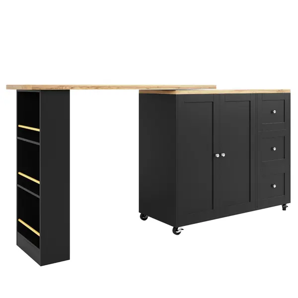 Insulă de bucătărie extensibilă, rotativă la 360°, cu 3 sertare, 2 uși și raft lateral pentru gustări, 135-203x39x106 cm, Negru