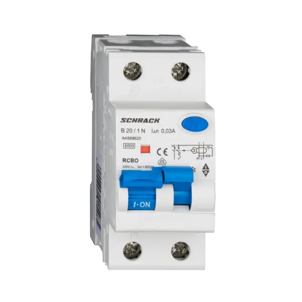 Intrerupator automat diferential, 1P+N, 6kA, B 20A, 30mA, tip A, SCHRACK AK668620