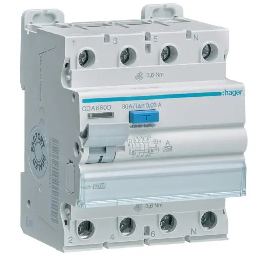 Intrerupator diferential RCCB 4 poli 10kA 80A 30mA tip A Hager CDA680D