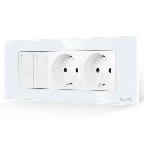 Intrerupator Dublu + 2 Prize cu Rama din Sticla LUXION, Standard Italian, 6M (Alb)