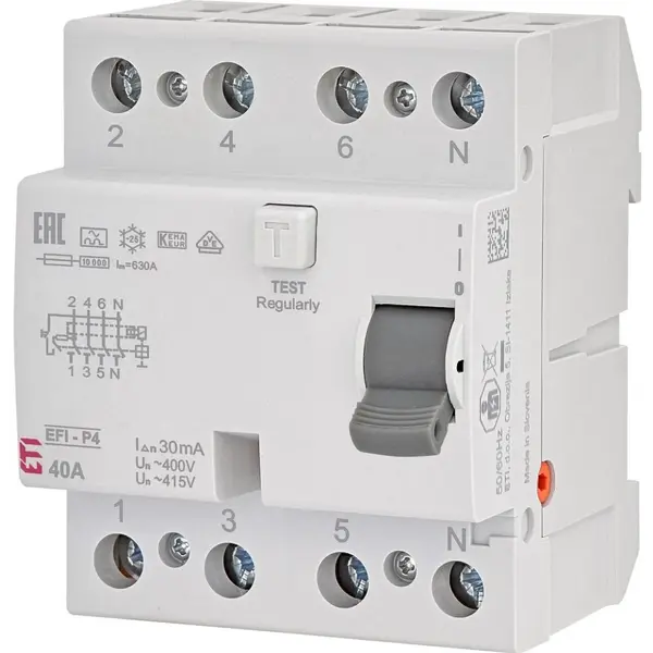 Intrerupator RCCB 3P+N 40A/30mA tip A Eti 002061512, trifazat