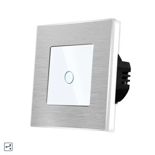 Intrerupator simplu cap scara / cruce cu touch din sticla si rama de aluminiu argintie