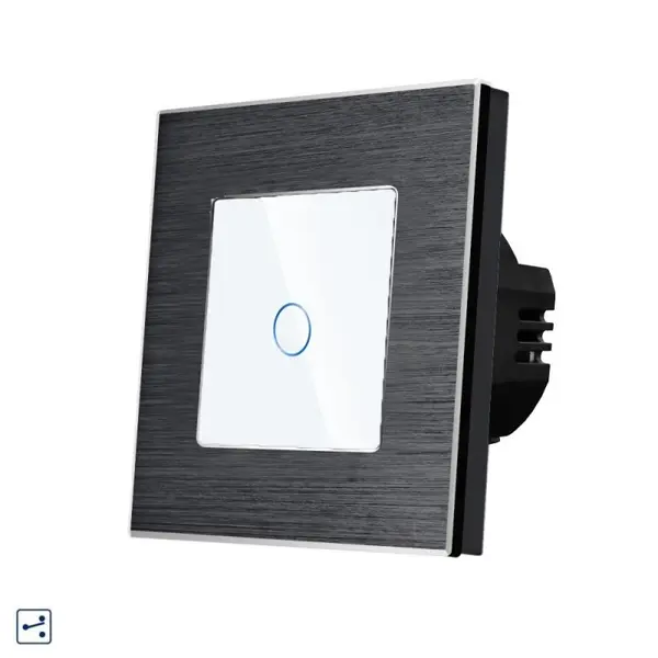 Intrerupator simplu cap scara / cruce cu touch din sticla si rama de aluminiu negru