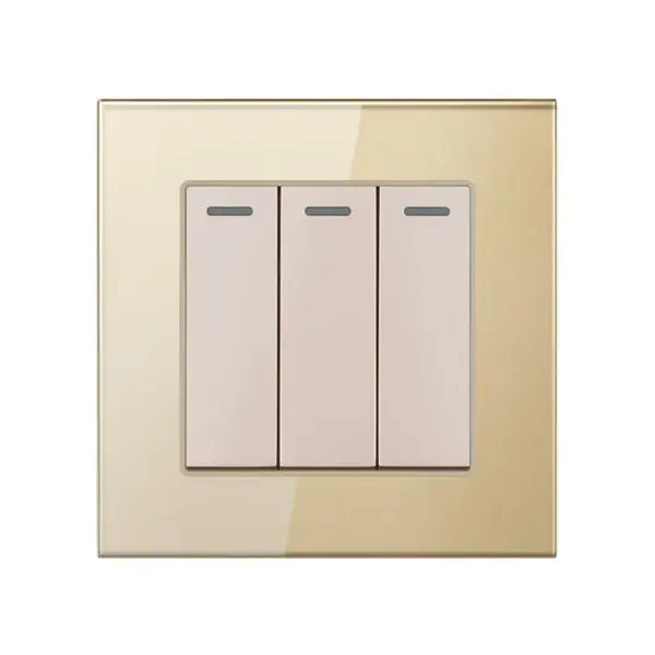 Intrerupator Triplu Cap Scara Cu Panou Din Sticla Securizata Techstar® TGS 01, 220V, 16A, 86 X 86 Mm, auriu, cu 3 Faze