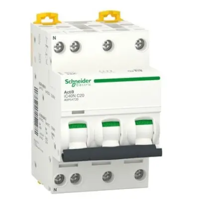 Intreruptor automat Acti9 iC40N, 3P+N, 20A, 6kA/10kA, curba C, Schneider A9P54720