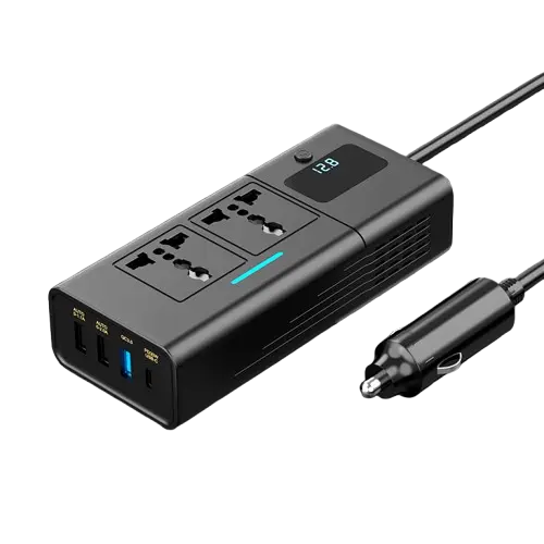 Invertor Auto iSEN 200W Negru, DC12V la AC110V 220V , Multiple Interfete, Ecran Digital, QC3.0 si PD Incarcare Rapida, Protectie Supratensiune, Ventilare