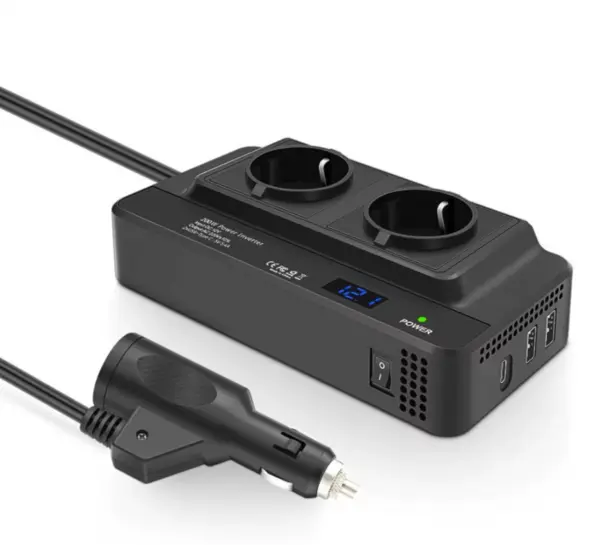 Invertor de Tensiune de la Priza Auto iSEN 8300-2, 12V la Priza EU Dubla 230V, Putere 200W, 2 x Porturi USB, 5.4A, Suport PD, Afisaj Digital