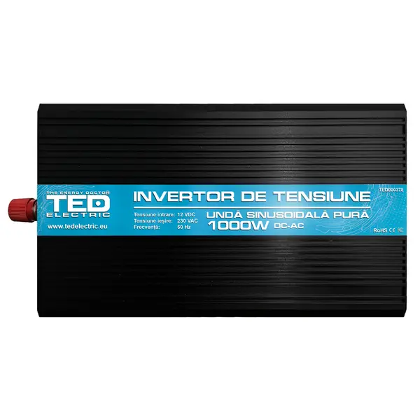 Invertor sinus pur 1000W 12V 230V, varf 2000W, pentru auto, panouri solare, rulota, casa si cabana