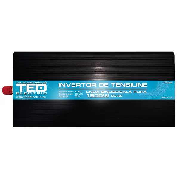 Invertor sinus pur 1500W 12V 230V, varf 3000W, pentru auto, panouri solare, rulota, casa si cabana