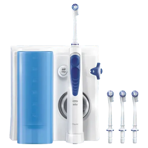 Irigator bucal Oral-B MD20 Oxyjet Healthjet-Center, 8800 miscari/minut, 4 capete (Alb/Albastru)
