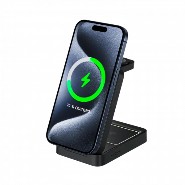 iSEN W91, Suport de incarcare wireless magnetic 3 in 1 pliabil, Negru, Incarcator casti 5W, Incarcator ceas 2.5W, Incarcator telefon 15W, Sistem de racire