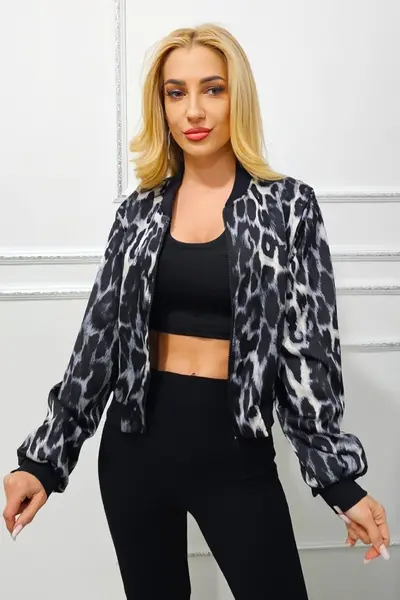 Jacheta bomber leopard print Shayen, cu inchidere de tip fermoar, Negru, Marime S/M