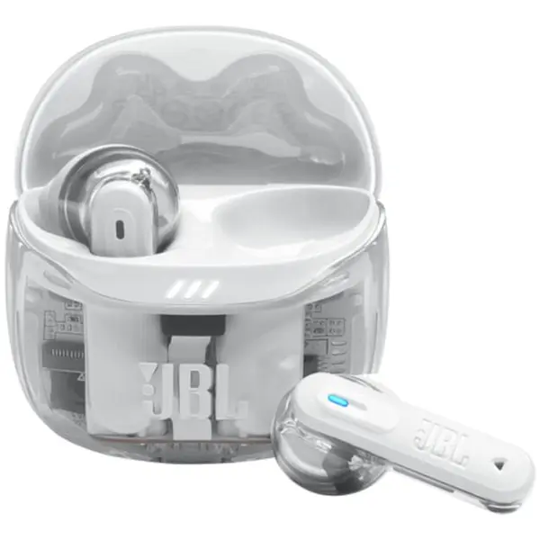 JBL Casti In-Ear JBL Tune Flex 2, True Wireless, Bluetooth, ANC, Autonomie 48 ore, IP54, Spatial Sound, Multi-point, Alb/Transparent