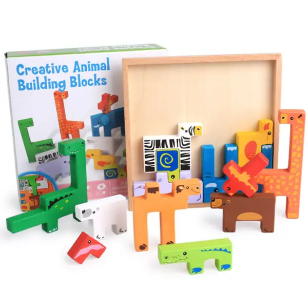 Joc din lemn Tetris 3D cu animalute - Puzzle creativ pentru copii ZukiToys.ro