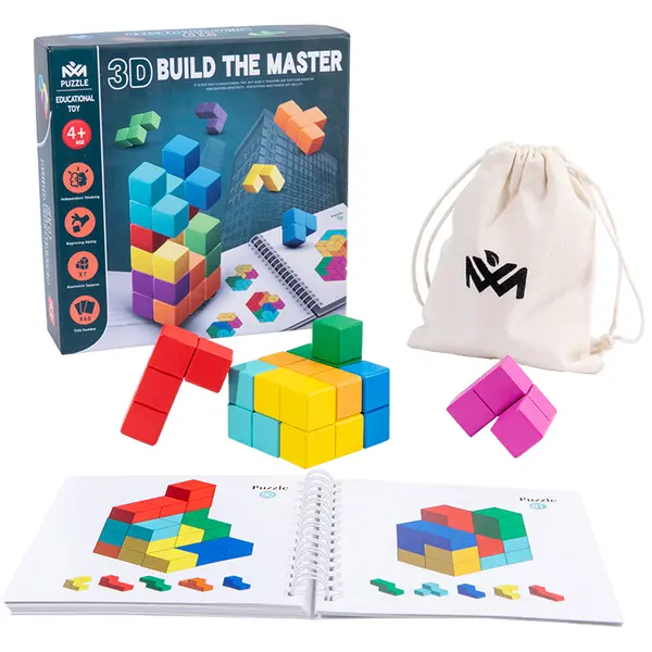 Joc educativ Build the Master Tetris 3D - set cuburi din lemn multicolor