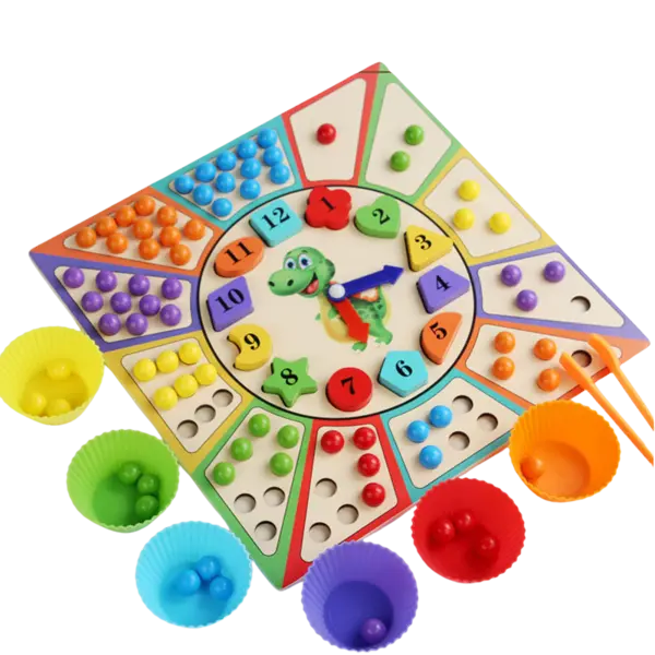 Joc indemanare si asociere culori cu bile colorate si ceas din lemn - Montessori 3 ani+