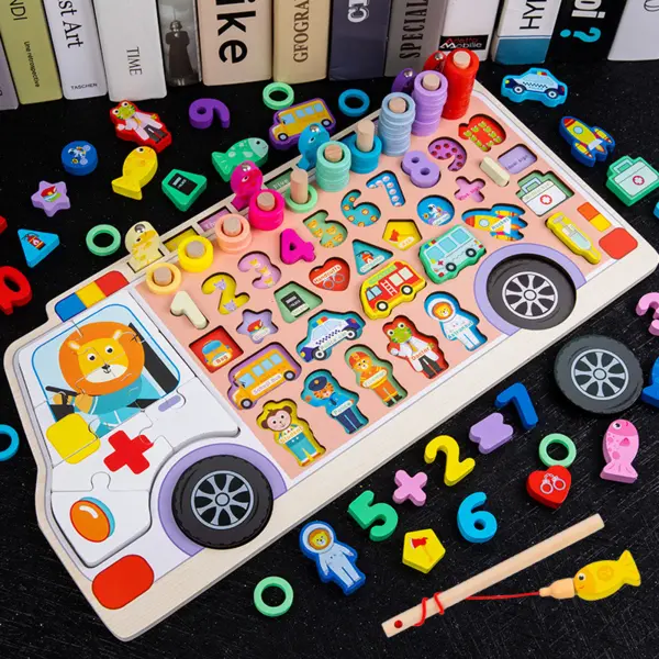 Joc logaritmic lemn tip ambulanta - Sortator cifre, forme si inele, Montessori 3 in 1