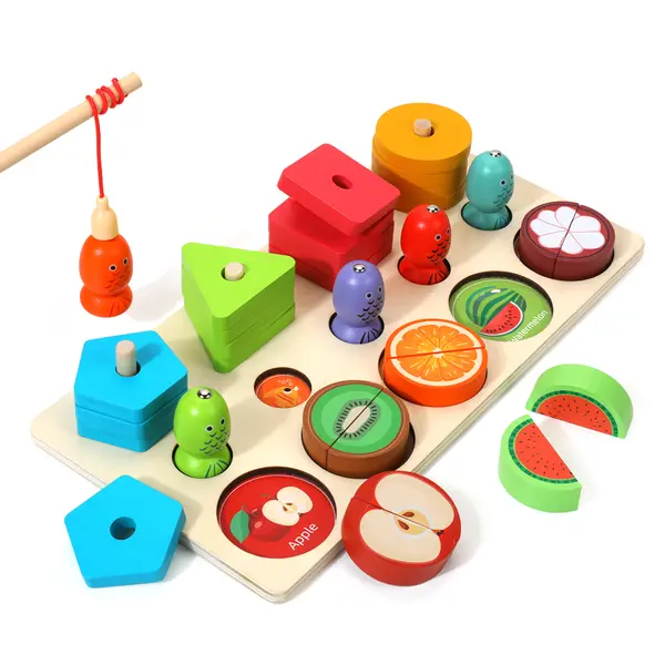 Joc Montessori 3 in 1 din lemn - Pescuit magnetic, sortare si feliere fructe