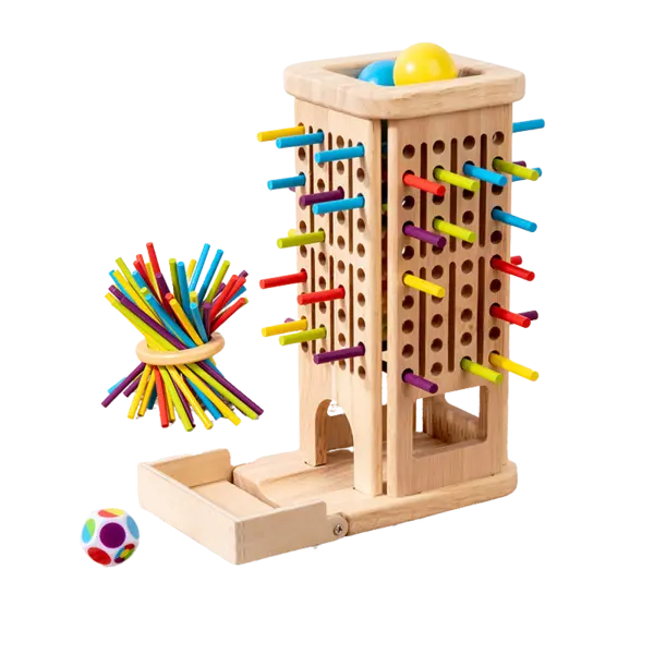 Joc Plunk 3 in 1 din lemn - turn cu betisoare si bile colorate
