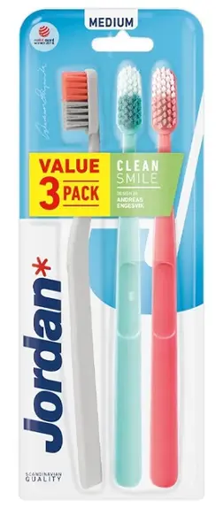 Jordan Clean Smile Set de periuțe de dinți, Medium, 3 buc, sortiment