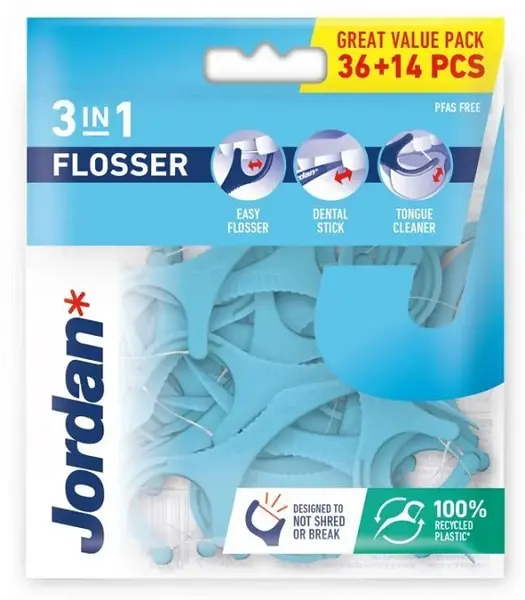 Jordan Flossere dentare 3 în 1, cu bețișor și periuță pentru limbă, 36 + 14 buc