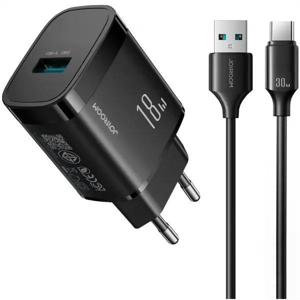 JOYROOM Incarcator Retea Cu Cablu USB-C Joyroom JR-TF4, 18W, 3A, 1 x USB-A, Negru