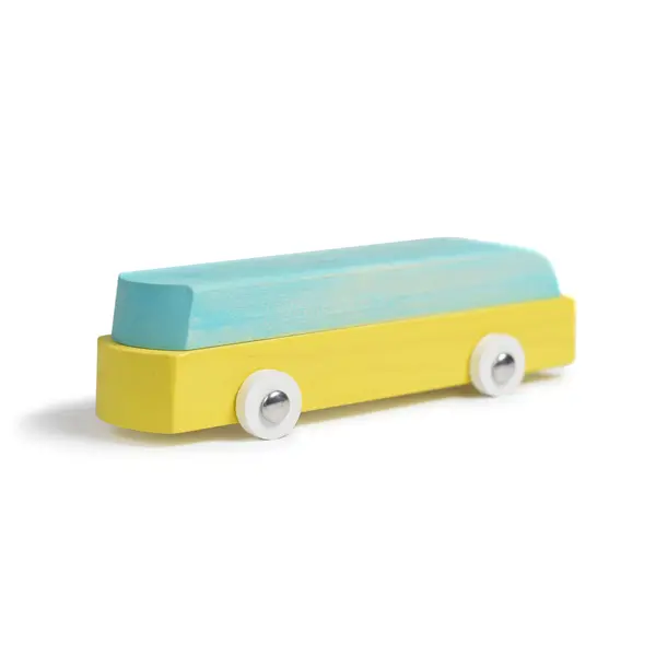 Jucarie artizanala din lemn - masinuta galben cu albastru | Bumbu Toys