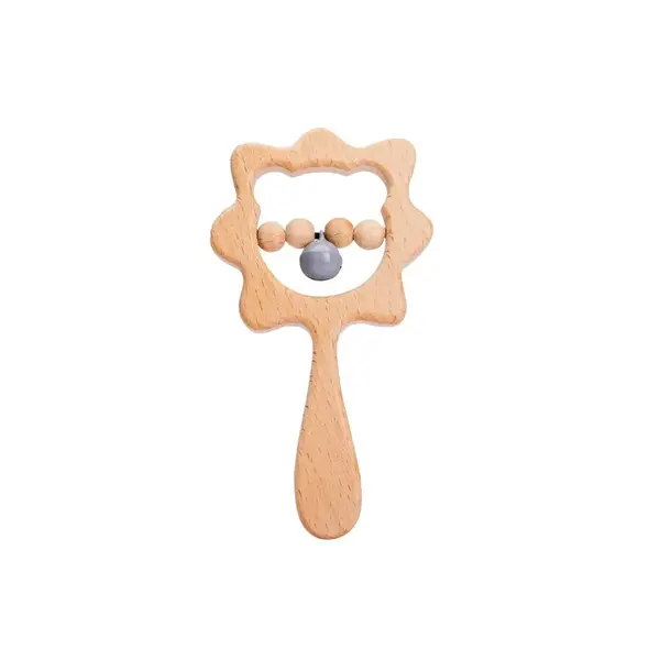 Jucărie de dentiție din lemn, 3 luni+ - Floare cu biluță gri