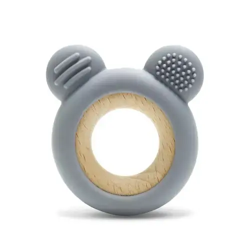 Jucarie de dentitie Lorelli Bear, din silicon si lemn de fag, 0 luni+, Gri