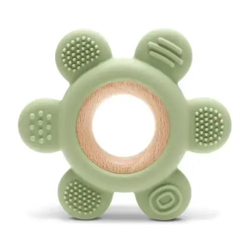Jucarie de dentitie Lorelli Flower, din silicon si lemn de fag, 0 luni+, Verde