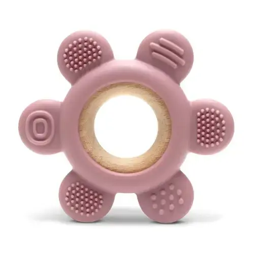 Jucarie de dentitie Lorelli Flower, din silicon si lemn de fag, 0 luni+, Roz