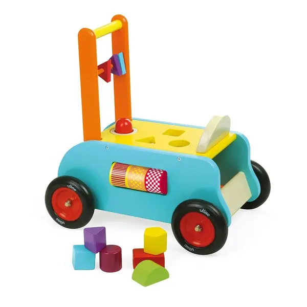 Jucarie de plimbat - Premergator Antemergator multifunctional cu cuburi din lemn - Vilac