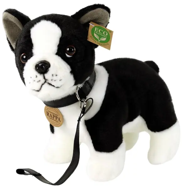Jucărie de pluș Rappa Eco Friends - Câine Boston Terrier cu lesă, 23 cm