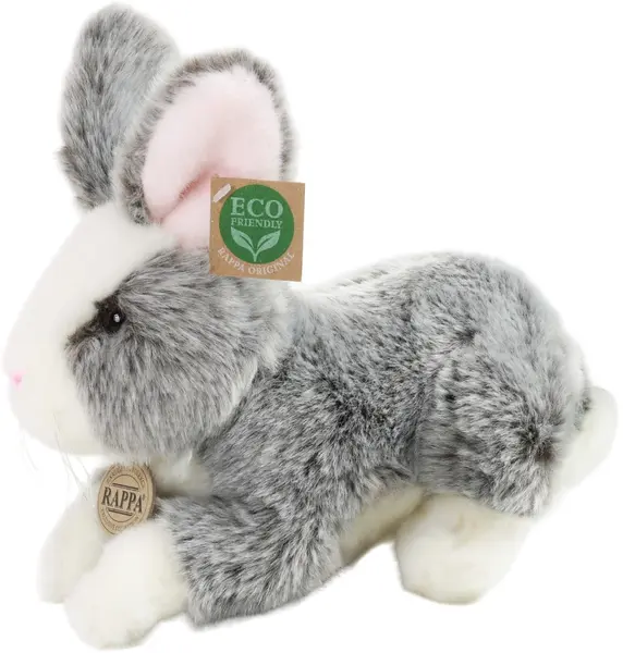 Jucărie de pluș Rappa Eco Friends - Iepuraș gri cu urechi roz, în picioare, 23 cm