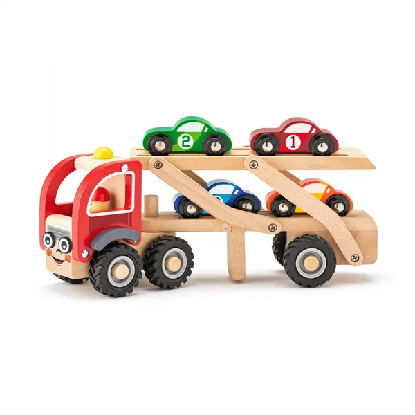 Jucarie din lemn , Camion cu masini de curse (set cu rampa)