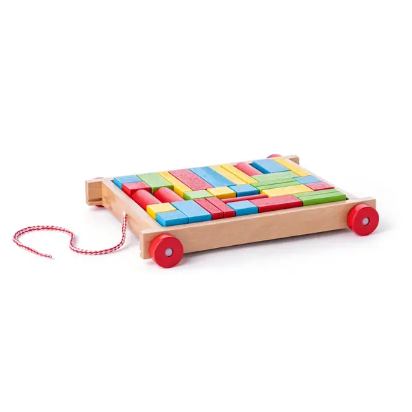 Jucarie din lemn , Carucior cu cuburi, set constructie 34 piese