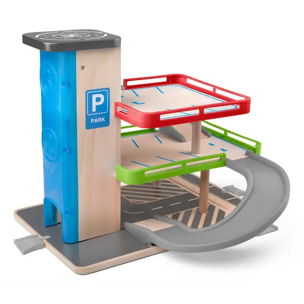 Jucarie din lemn , Garaj cu lift si accesorii (3 niveluri)